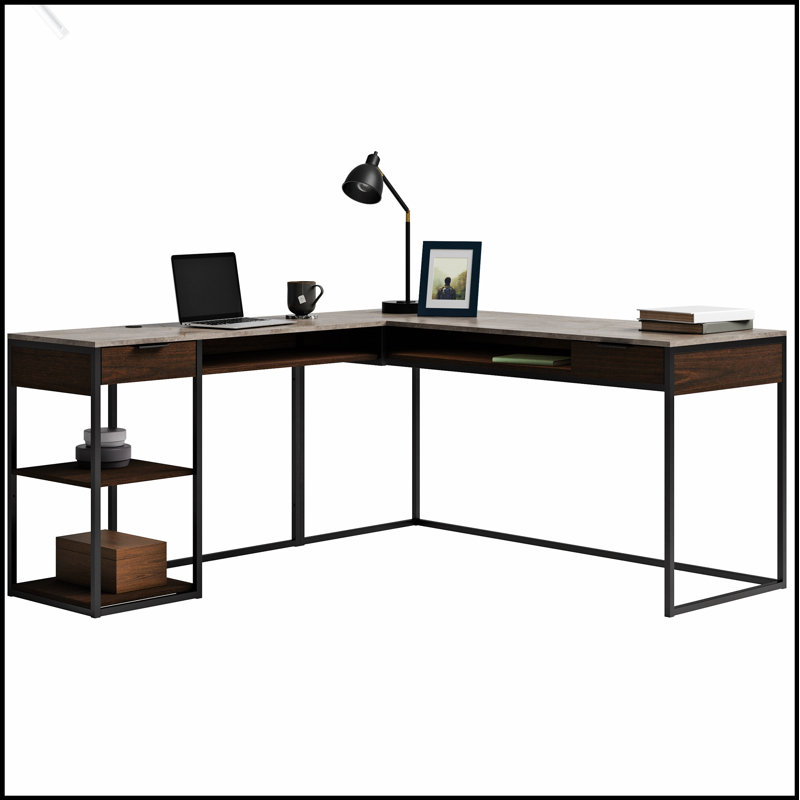 Bureau spacieux en forme de L avec bibliothèque à cinq tablettes, idéal pour le bureau à domicile et le bureau, maximisant l'espace de travail et le rangement.