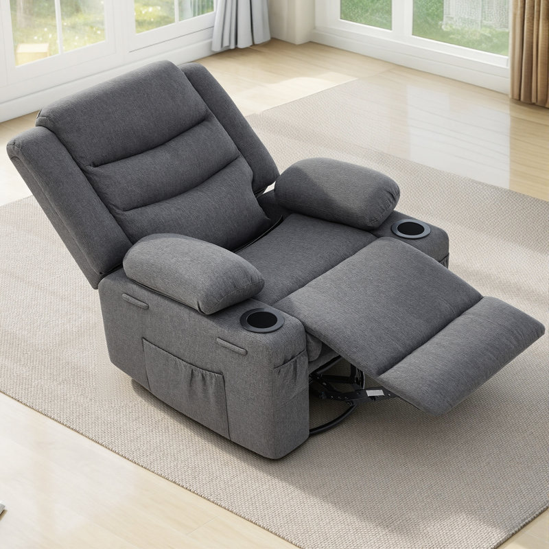 Extendable Armrest Swivel Glider Chair, 360° Rotation Rocking Chair With Cup Holders & Side Pockets, Dark Gray Polyester