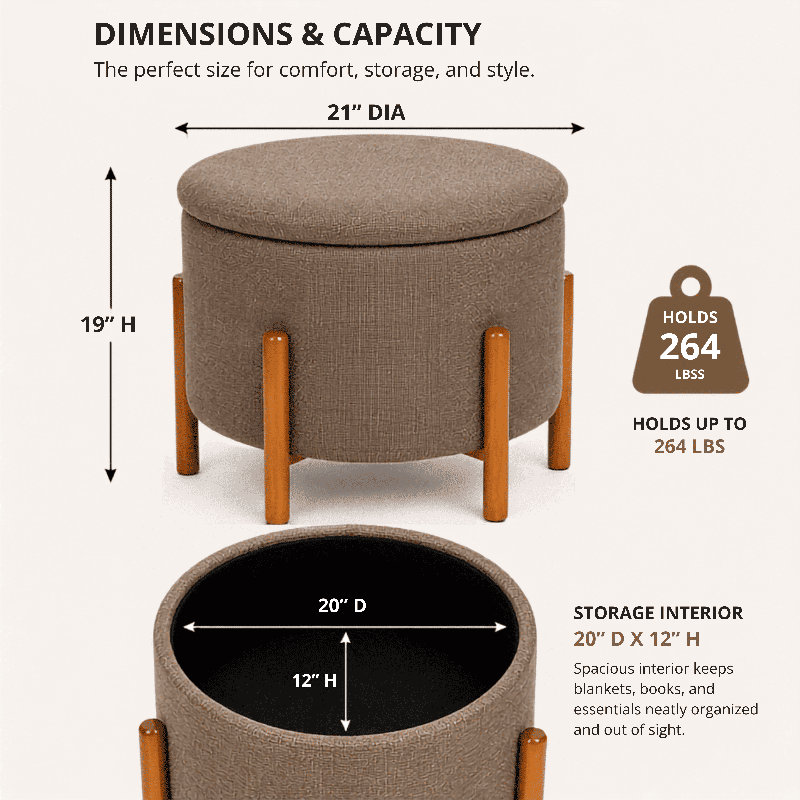 Repose-pieds rond avec rangement en lin avec plateau en bois réversible et pieds en pin, brun, 21 po, Brun