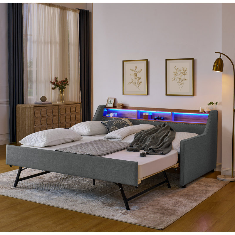 Twin size sofa bed with three LED lights, adjustable headboard with storage, Gray