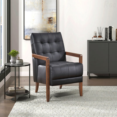 Chaise d'appoint parfaite pour les salons modernes - Style moderne de style en cuir noir rembourré capitonné avec détails de finition en noyer