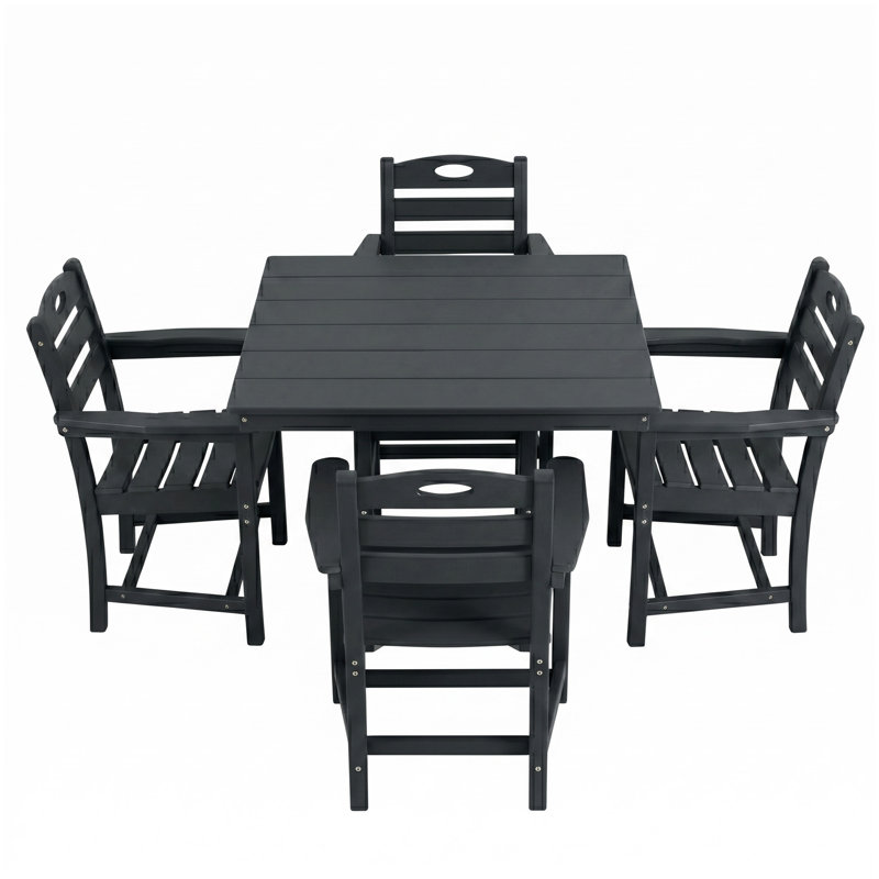 Ensemble de salle à manger d'extérieur en PEHD noir 5 pièces avec table carrée, trou pour parasol et 4 fauteuils, Noir