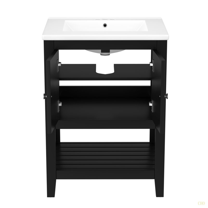 Lavabo de salle de bain moderne élégant en céramique 24 po avec tablette ouverte en bois massif, Noir