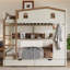 Lit superposé double sur double avec rangement, tablettes et crochets, bois massif, aucun sommier nécessaire, beige et naturel