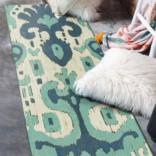 Ochre Ikat Steel Blue Performance Flatweave Washable Oriental Indoor / Outdoor Rug