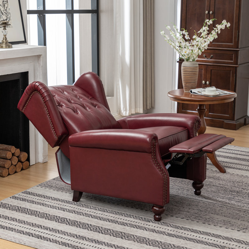 Almantas 31" Wide Genuine Leather Wing Chair Recliner, Burgundy Genuine Leather