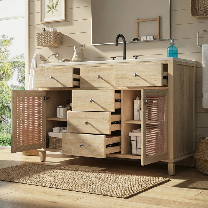 48-Inch Bathroom Vanity with Solid Wood Frame, 5 Drawers, 2 Rattan Doors, and Premium Ceramic Sink for Ample Storage and Elegant Design