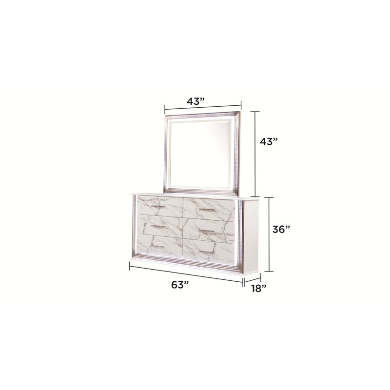 Commode Desire avec façades de tiroirs en marbre, finition élégante, poignées métalliques et six tiroirs spacieux pour un rangement élégant dans la chambre à coucher