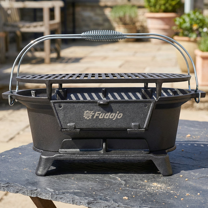 Portable Cast Iron Charcoal Grill With Enamel Coating – Outdoor Tabletop Hibachi BBQ Griddle For Camping, Tailgating & Picnics