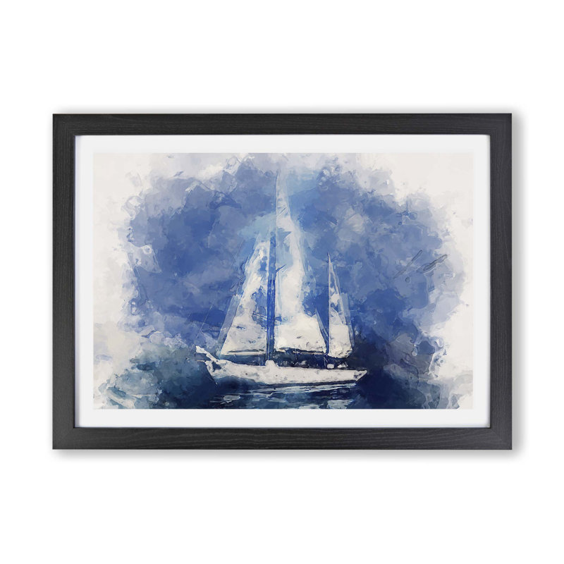 White Sailboat Paint Strokes - Single Picture Frame Painting, Black, 62cm H x 87cm W x 2cm D