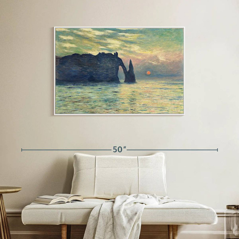 Coucher de soleil sur la falaise d'Etretat, 40 po x 27 po, Cadre flottant blanc