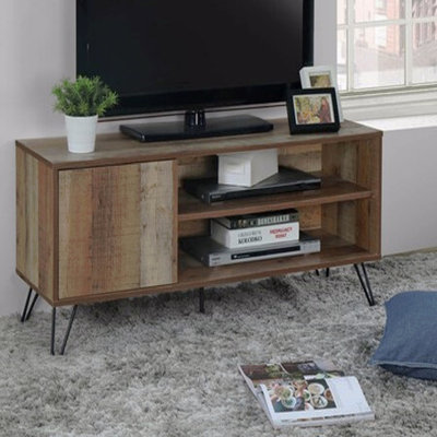 Meuble télé moderne en bois de 119 cm (47 po) avec 2 tablettes et un placard, fini chêne rustique, pour téléviseurs jusqu'à 50-55 pouces.