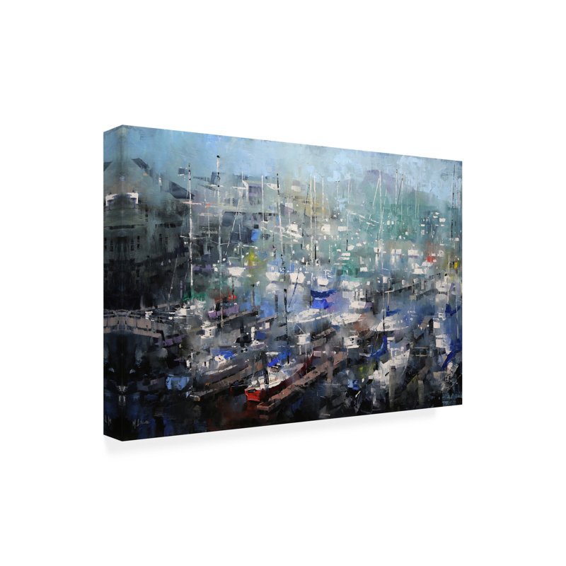«Fishermans Wharf» par Mark Lague, peinture sur toile tendue, H 30 po x l 47 po x P 2 po
