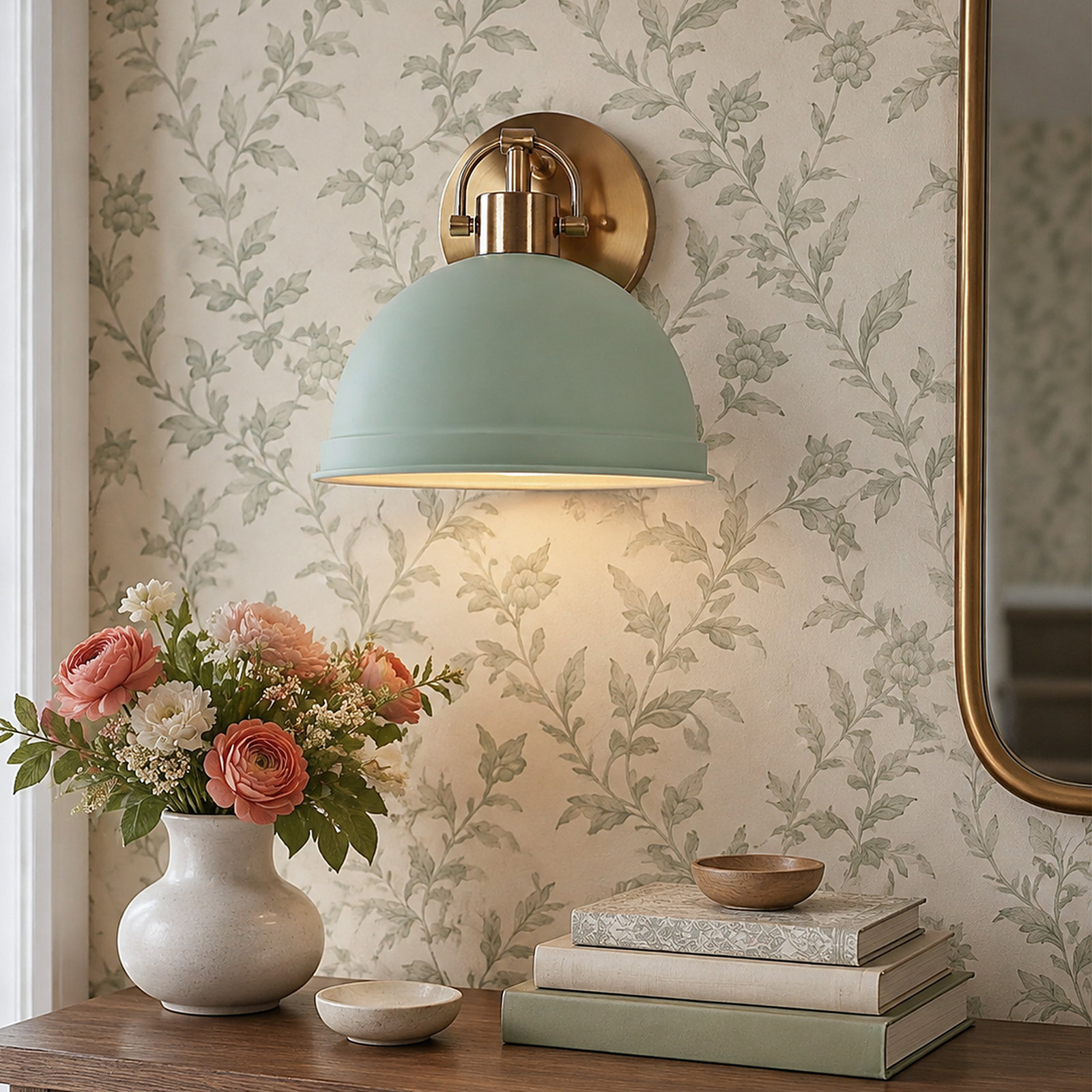 Single Light Steel Dimmable Armed Sconce, Green