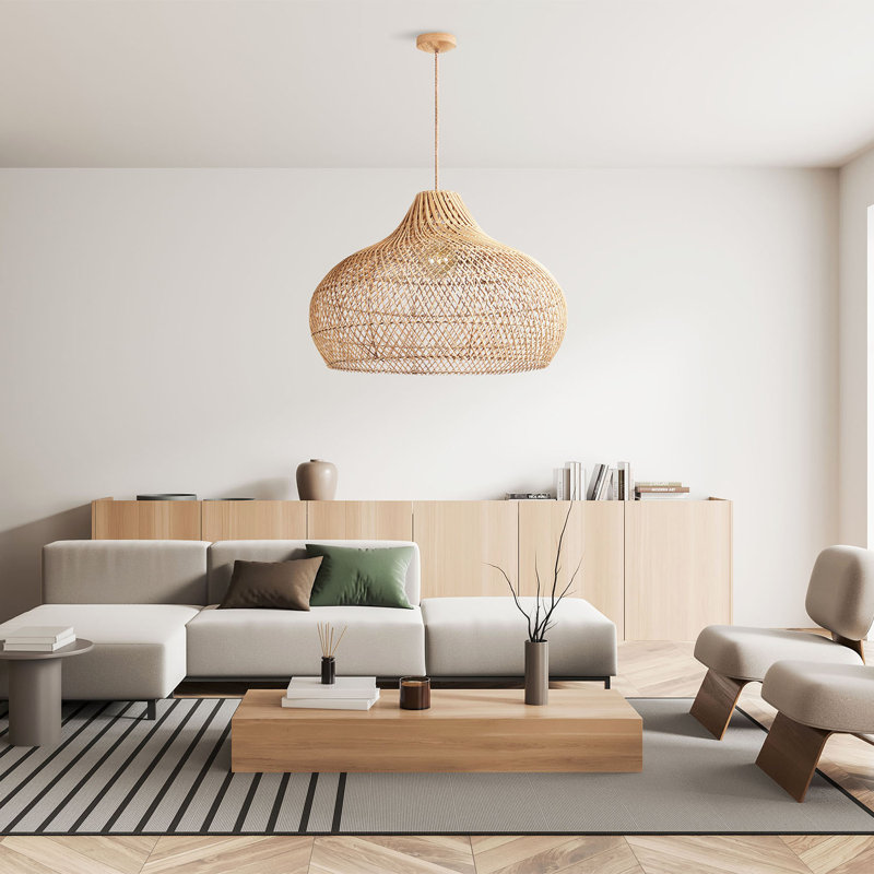 Kloe Rattan Pendant Light - Natural Dome 1-Light Polished Handwoven Dimmable Light Fixture For Kitchen Island, Kitchen, Dining Room, Living Room, Bedroom or Hallway in Modern, Farmhouse & Boho Style