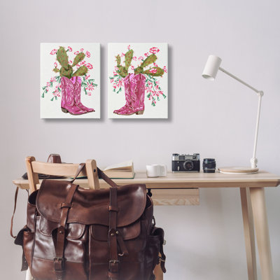  Cactus en rose, bottes de cowboy, ensemble de 2 reproductions d'art sur toile par Melissa Wang