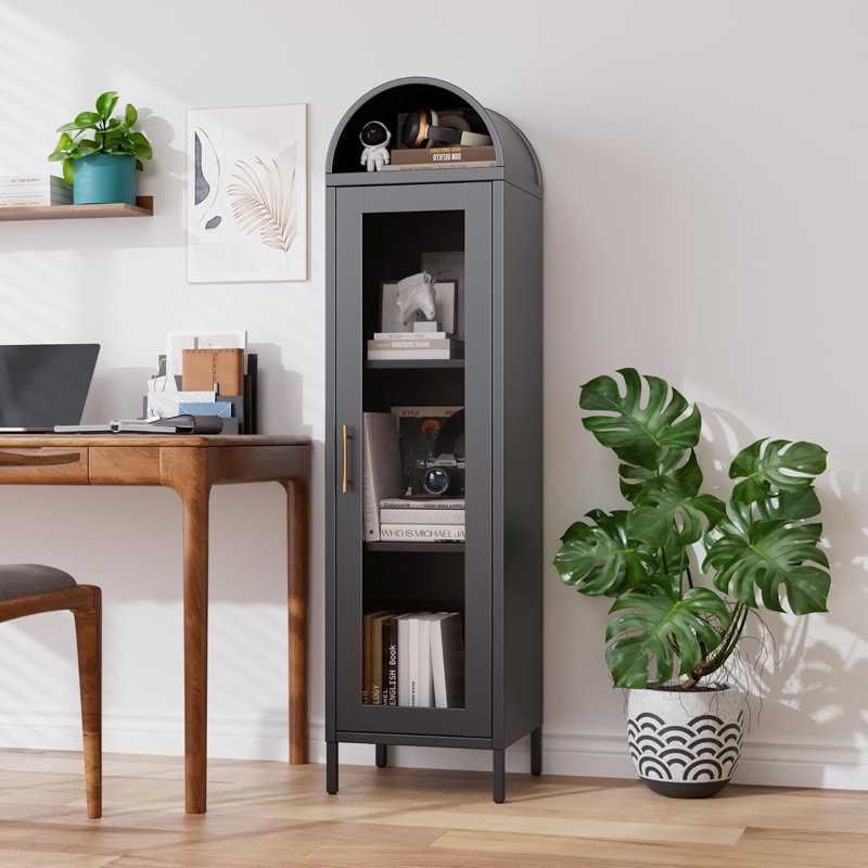 Bibliothèque en métal arquée, armoire de rangement en arche avec portes en verre et 2 tablettes pour le salon, cuisines, bureau, noir, assemblage requis, 15,35 po x l 16,26 po x 63 po