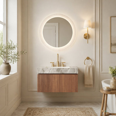 Meuble-lavabo de salle de bain 30 po MURI, armoire de rangement en contreplaqué flottant avec tiroir et porte, plateau en pierre frittée et lavabo en céramique avec 3 trous de robinet pré-percés, pré-assemblé