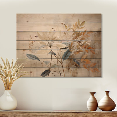Beige minimalisme botanique, sérénité I - plantes, art sur bois de pin naturel