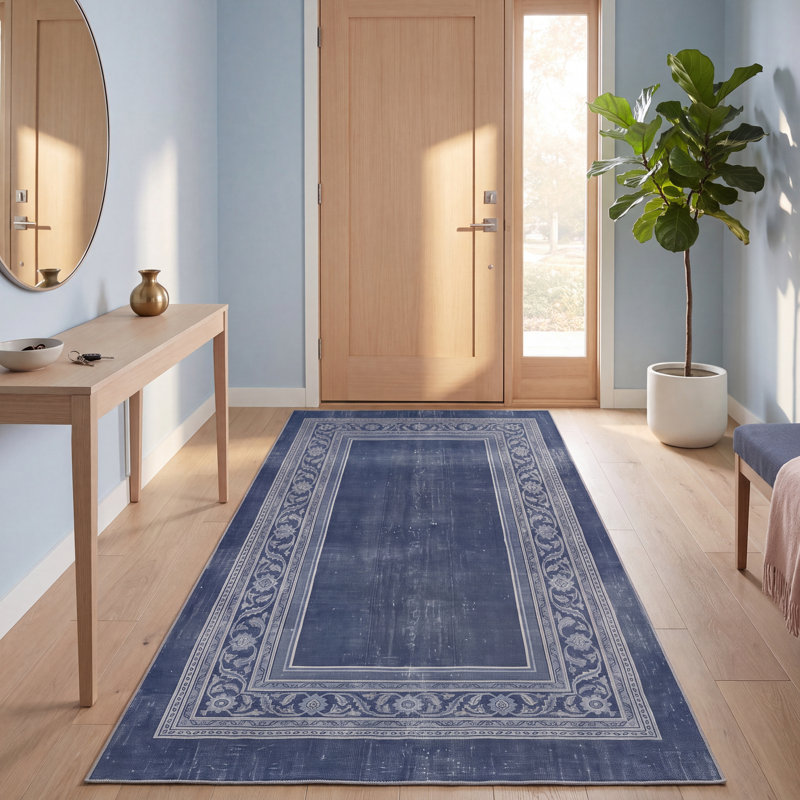 Tapis moderne minimaliste avec bordure géométrique en quartz, couleur marine, turquoise, gris, crème et rose. Lavable à la machine, antidérapant, à poils courts, pour l'intérieur et l'extérieur, adapté aux animaux domestiques. Convient au salon, à la chambre à coucher, à la salle à manger, à l'entrée, au corridor ou au bureau.