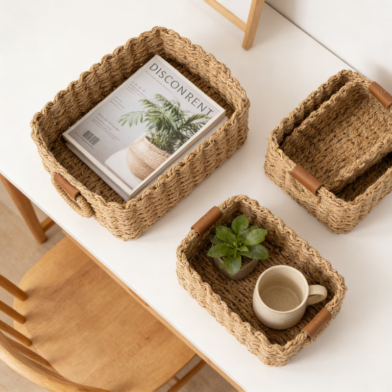 La Jolie Maison Woven Storage Baskets Set Of 3, Handwoven Paper Rope Organizer Bins With Leather Handles, Decorative Shelf Baskets For Home Organization