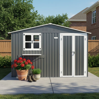 Remise de rangement extérieure en métal 10 pi x 8 pi avec fenêtre et support à fleurs, remise à outils verrouillable à deux portes, remise de jardin imperméable et imperméable pour patio, gris