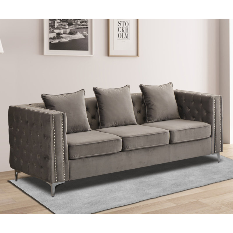 Vanida Charterhouse 86.4" Velvet Tuxedo Arm Sofa, Gray Velvet
