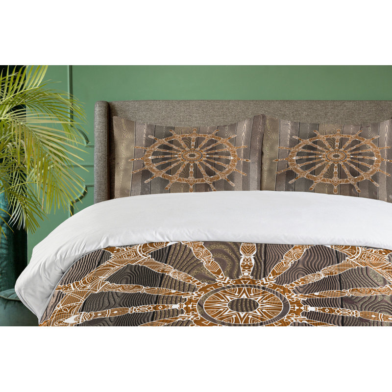 Queen Umber Brown Nautical Ship Wheel Duvet Cover Set
