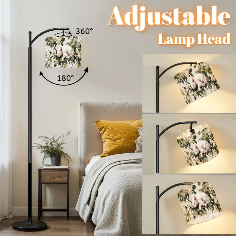 Lampe sur pied à arc avec abat-jour réglable rétro chat blanc chat japonais papillon plantes vertes impression sur pied lampe sur pied 3 températures de couleur à intensité variable haute lampe sur pied avec interrupteur au pied pour la chambre à coucher