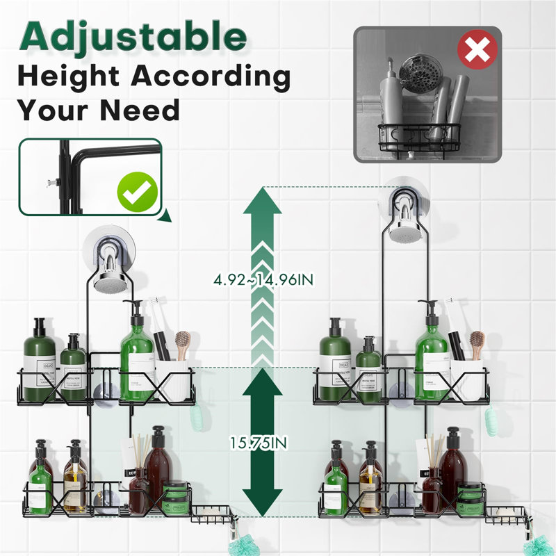 Adjustable Black Stainless Steel Hanging Shower Caddy with Suction Mount