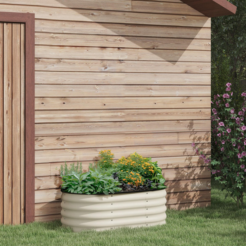 Outdoor metal raised planting box with safety edge, Cream White, 16.5" H x 41.3" W x 23.5" D