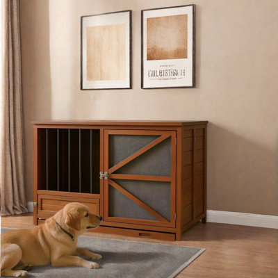 Foldable Wood Dog Crate Furniture With 360° Rotating Feeder And Removable Tray