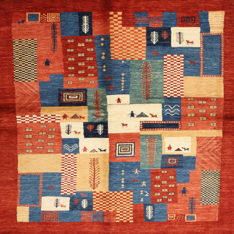 Tapis contemporain brun / rouge / gris, Carré 6 pi