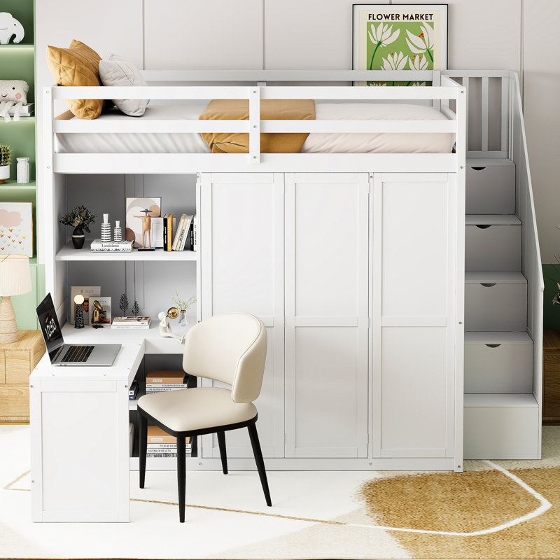 Lit mezzanine blanc avec garde-robe, bureau et tablettes, White