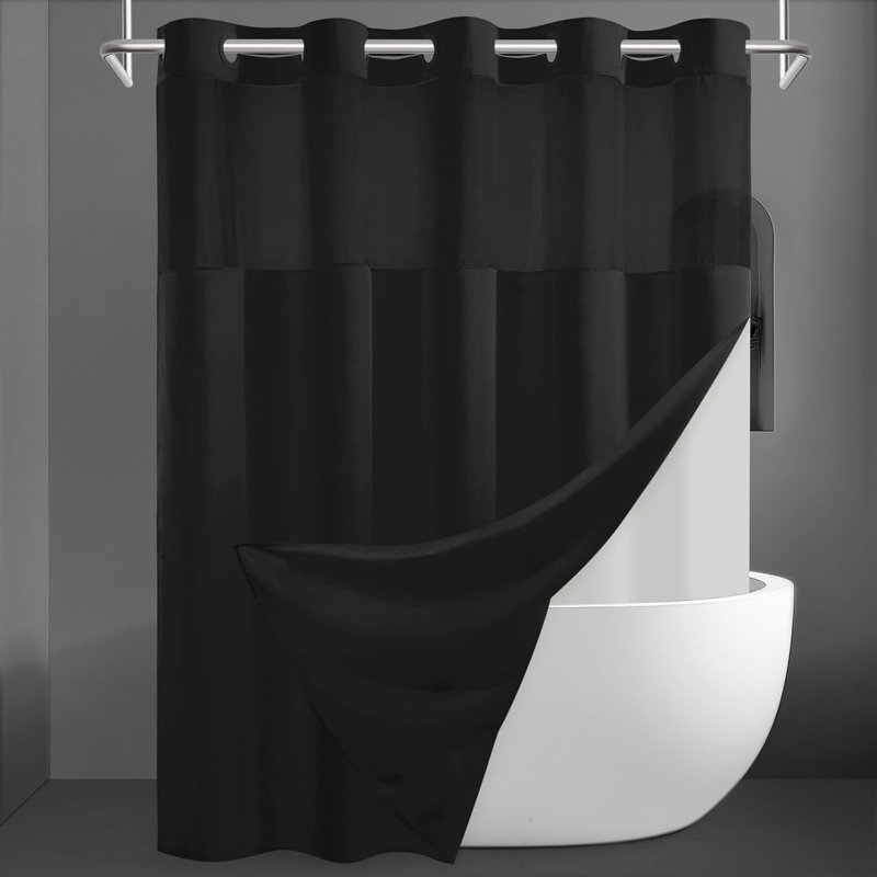 71X74 Inch Black Semi-Transparent Top Shower Curtain - With Chevron Pattern Waterproof Bathroom Curtain, Modern Minimalist Bathroom Decor Curtain