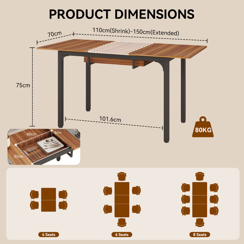 Extendable Antke Dining Table With 110-150cm Tabletop, Kitchen Wood Desk With 4-8 Seats, Space Saving, Brown, 110-150cm