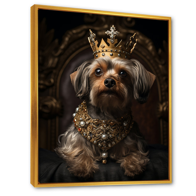 «Crowned Royal Yorkshire Dog King» - art mural chien, Cadre flottant doré, H 44 po x l 34 po x P 1,5 po