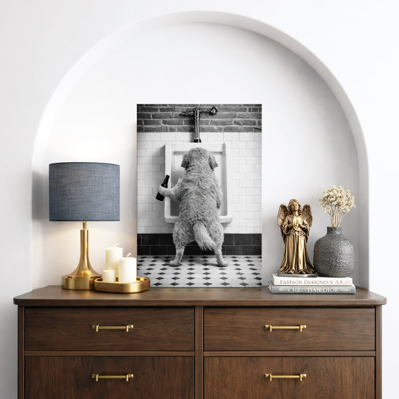 Funny Dog Bathroom Humor Black and White Artwork, Quirky Bathroom Decor Pictures, Framed Canvas Giclee Print Wall Art