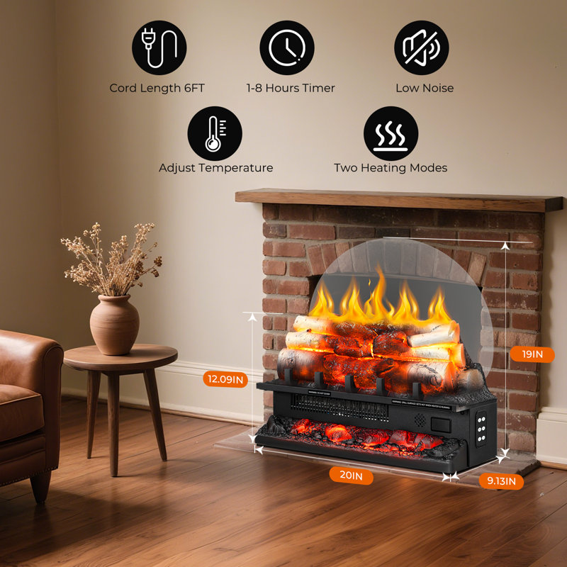  20" Electric Fireplace Log Heater 750w/1500w With 5 Flame Brightness & 4 Sound Effects, Remote Control, 30-second Quick Heat, Overheat Protection, No Ventilation Needed For 400 Sq.ft Rooms