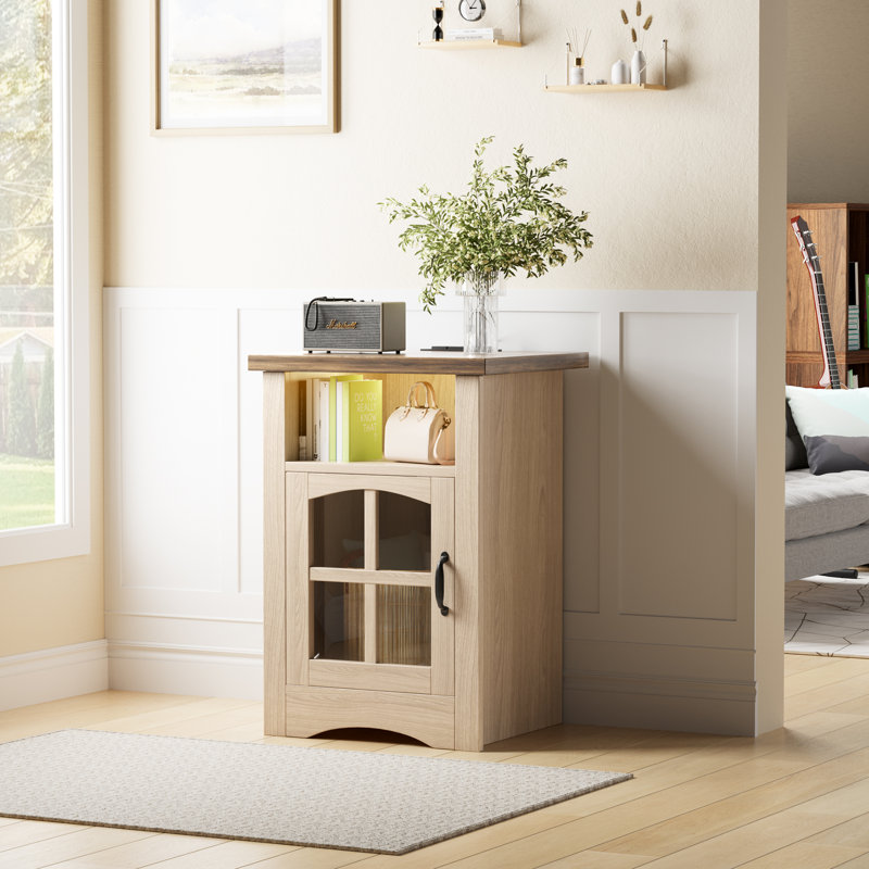 Farmhouse Led Lighted End Table,storage Nightstand With Charging Station And Glass Door, 1,  Walnut Top/Natural Base