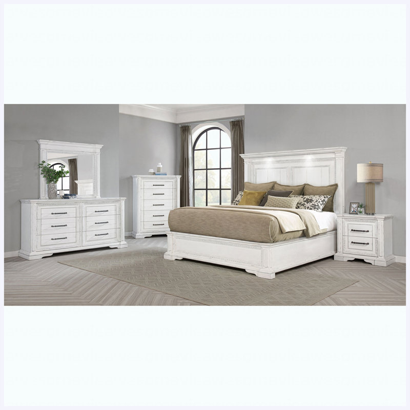 Ensemble de chambre à coucher avec lit très grand 5 pièces Vintage White, 5 Pcs: Bed, Nightstand, 2 Dressers, Mirror, King