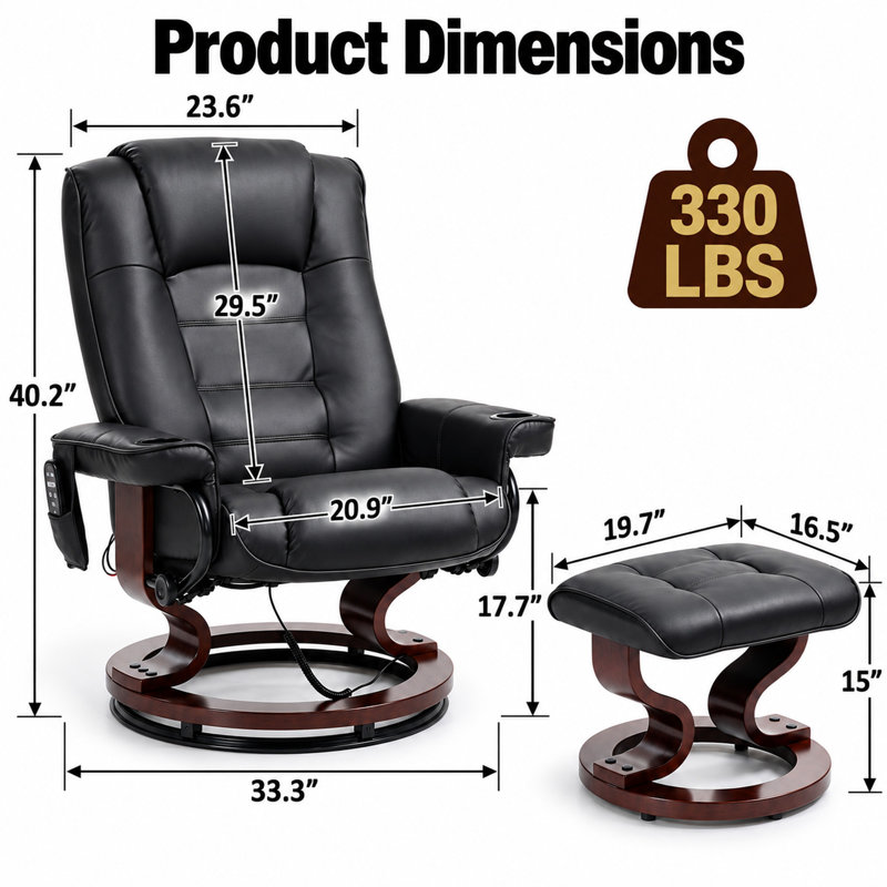 Massage Recliner with Ottoman Swivel Wood Base, Adjustable Recline, Faux Leather Lounge Chair with Footrest for Living Room and Bedroom, Black