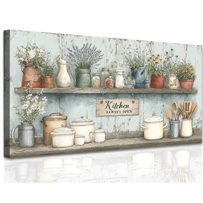 GUTTAY Rustic Kitchen Canvas Wall Art, Country Farmhouse Prints, Vintage Food Still Life Painting Pictures, Inspirational 'Kitchen Always Open' Artwork for Farmhouse Dining Room Wall Decor, 12x24 inches