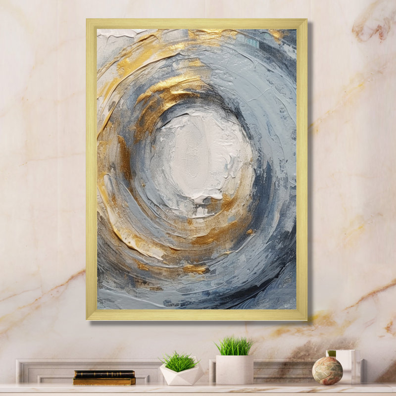 «Gold and Blue Vibrant Spirals IV - Abstract Spirals», art mural encadré, H 20 po x l 12 po, Cadre photo unique, Doré