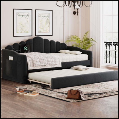 Lit de jour simple en velours rembourré avec couchette et chargement USB, aucun sommier nécessaire
