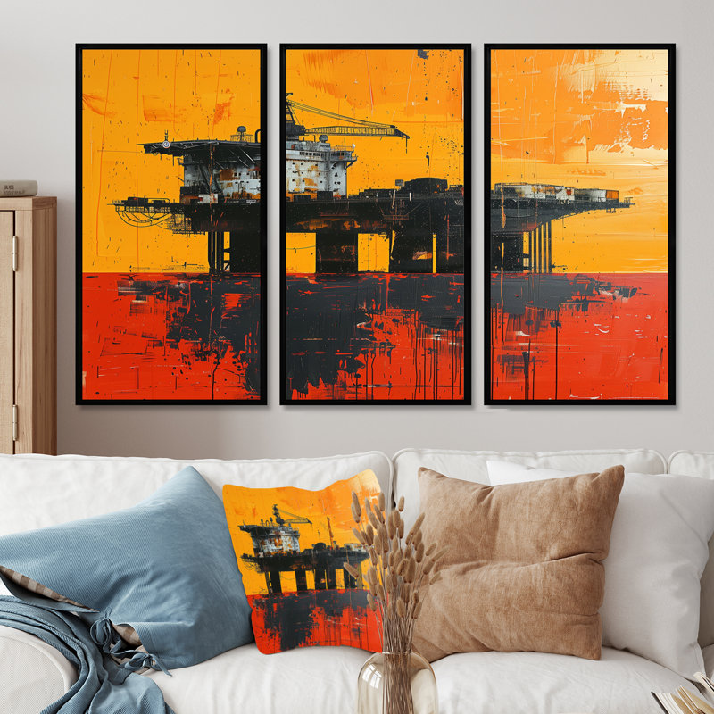 «Orange Orange Oil Plateform Ocean Drill - Oil Rigs / Fields», ensemble de reproductions d'art mural