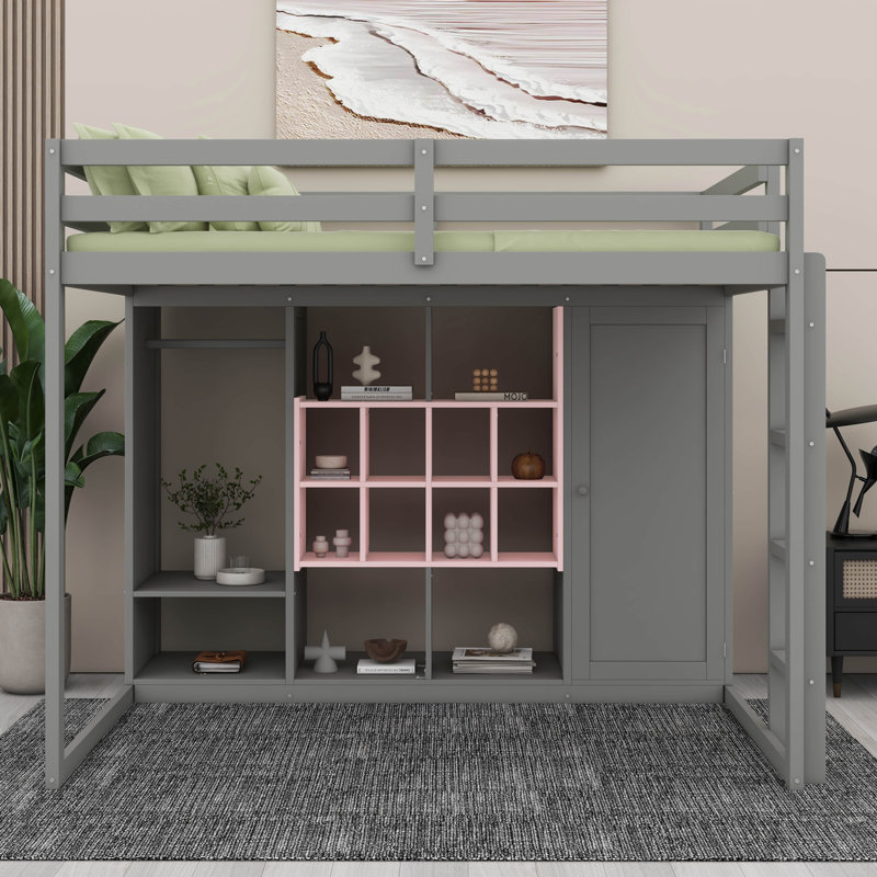 Structure de lit mezzanine moderne en bois massif avec échelle, tablettes et garde-robe, Rose / Gris