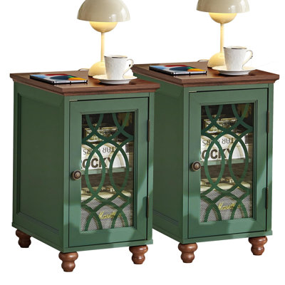 Narrow Side Tables with Glass Door Storage, Set of Two