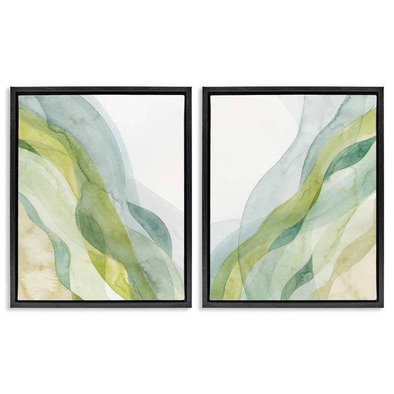 «Abstract Green Waves», ensemble de 2 toiles flottantes encadrées par Grace Popp, Cadre flottant noir de jais