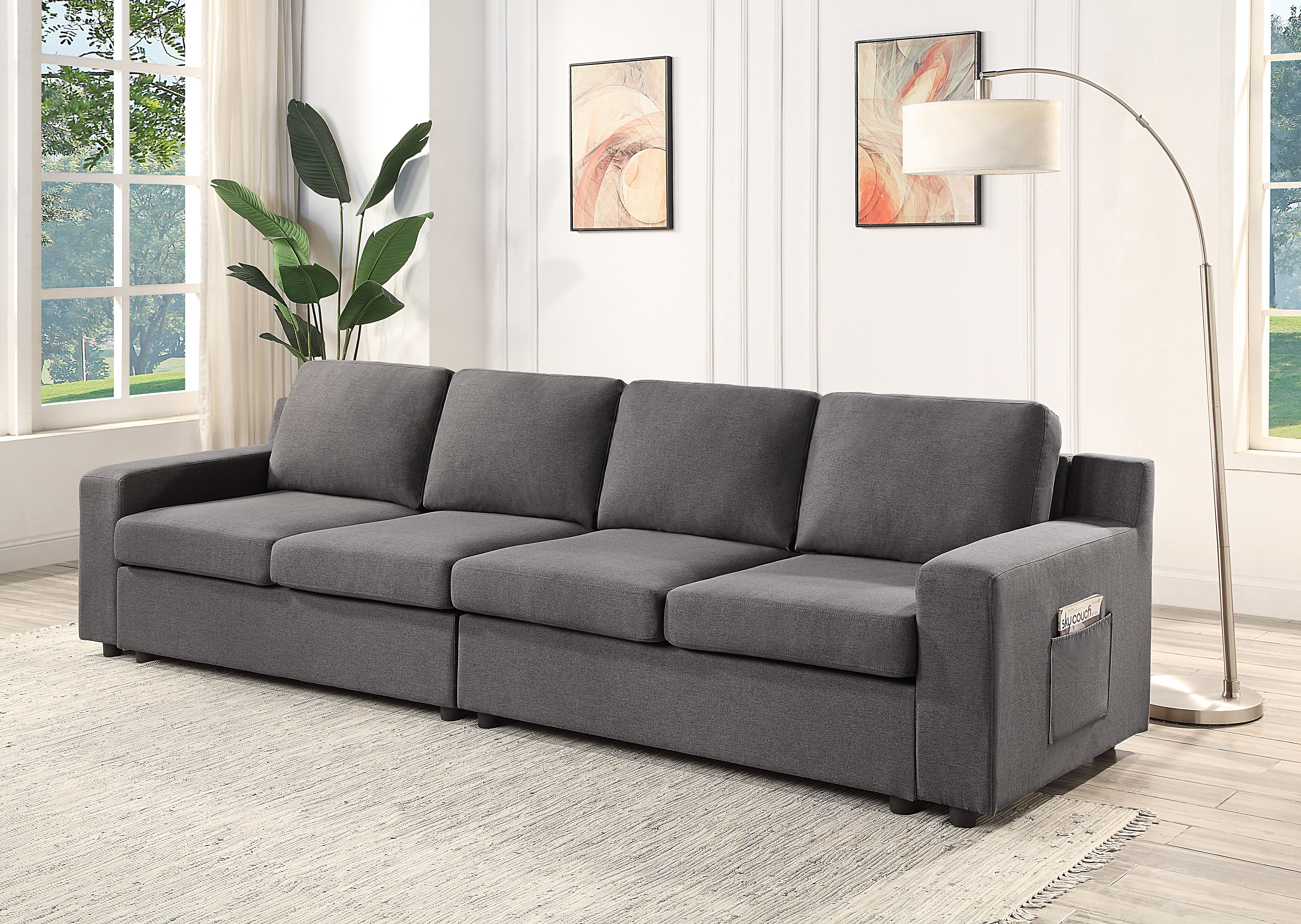 Hokku Designs Aviyana Waylon Gray Linen 4-Seater Sofa with Pockets